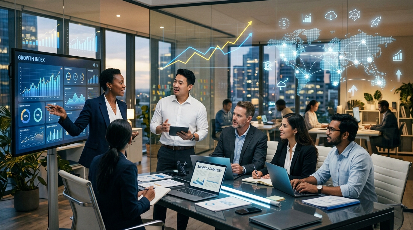 Business professionals collaborating on a sales growth strategy